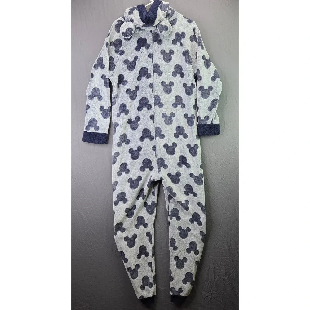Disney Mickey Mouse Fleece Onesie Union Suit Womens L Grey Navy Excellent Hood - Picture 13 of 15